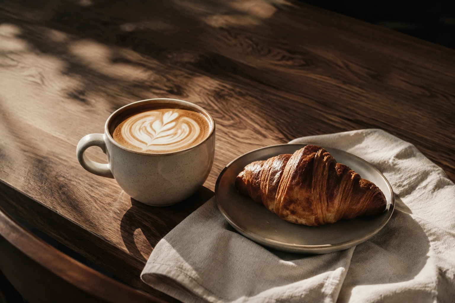 도자기 잔에 담긴 라테와 갓 구운 크루아상